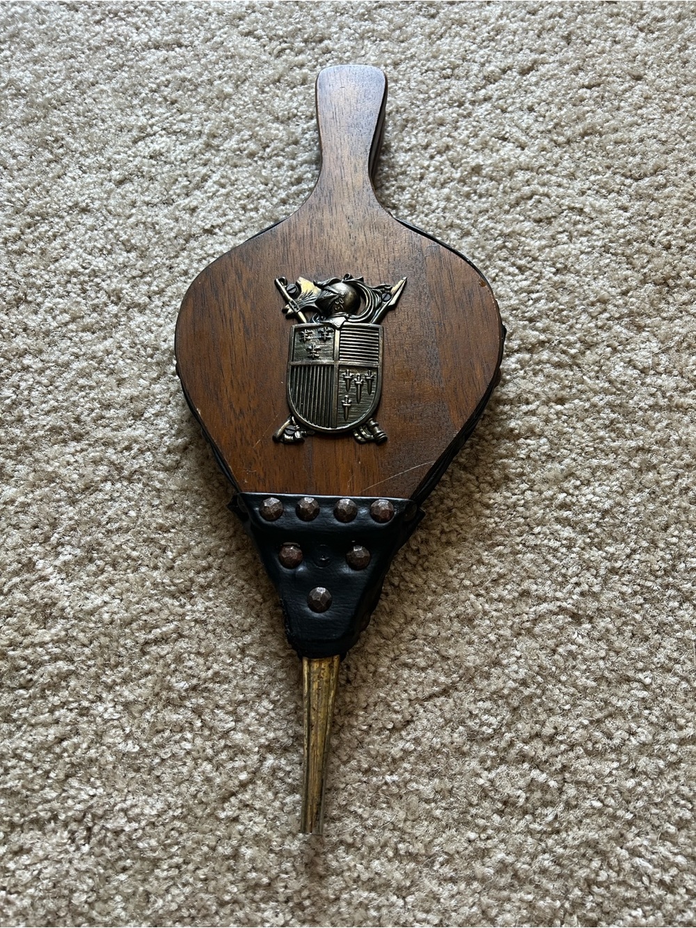 Vintage Wooden Bellows with Brass Crest and Studded Leather